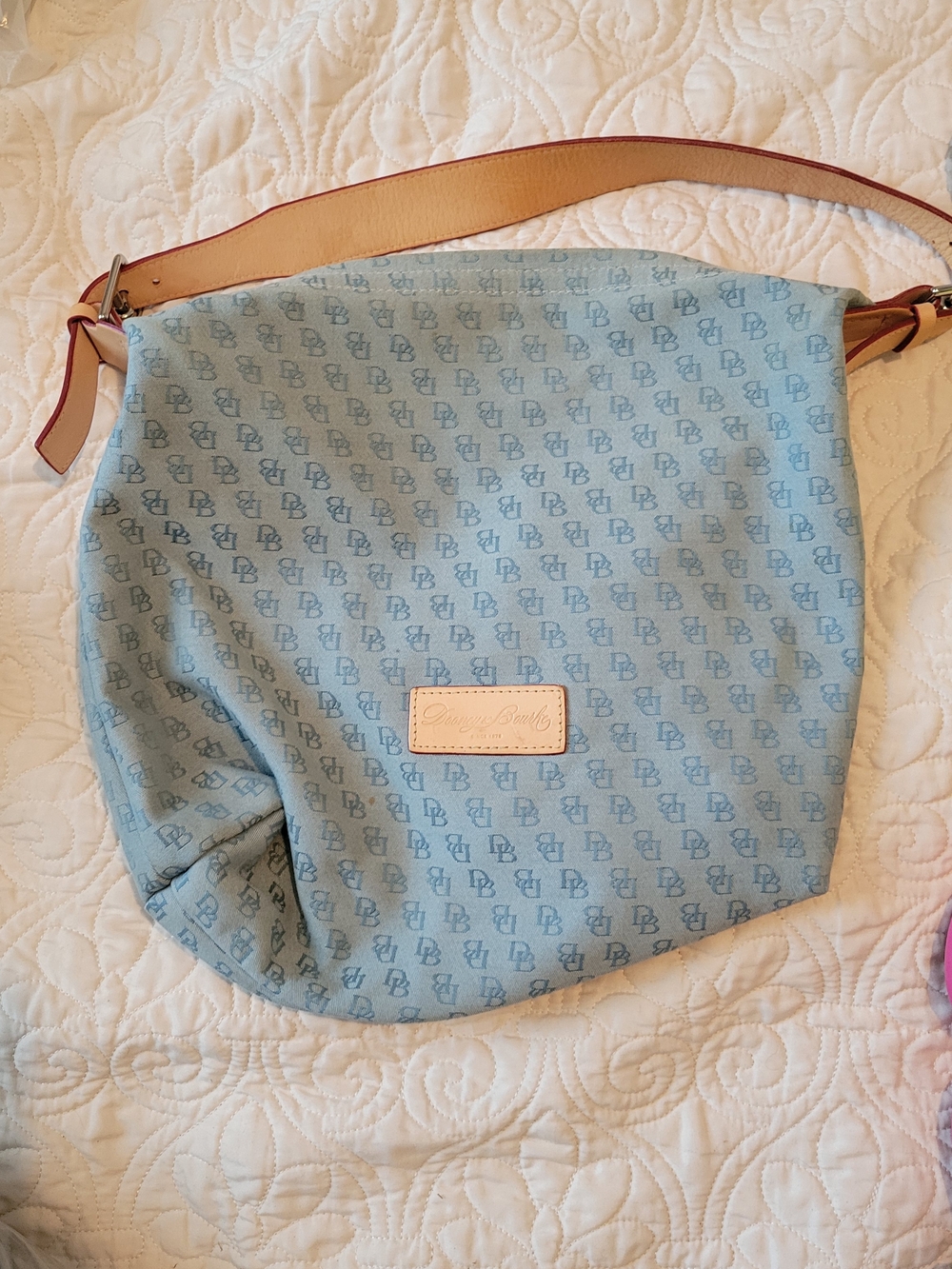 Dooney & Bourke Light Blue Logo Shoulder Bag with Tan Strap